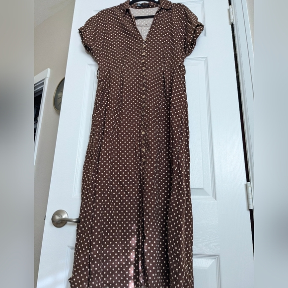 Zara Brown White Button Down Linen Blend Polka Dot Dress Size L Missing Belt - Picture 2 of 11